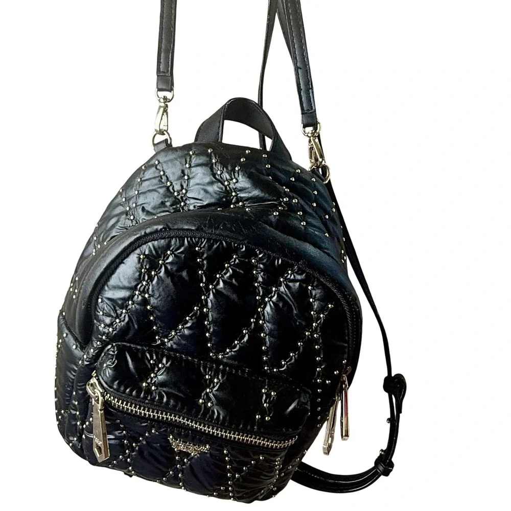 Victoria's Secret Mini Backpack Black Quilted Nylon Gold Studded Small Bag - Picture 3 of 12